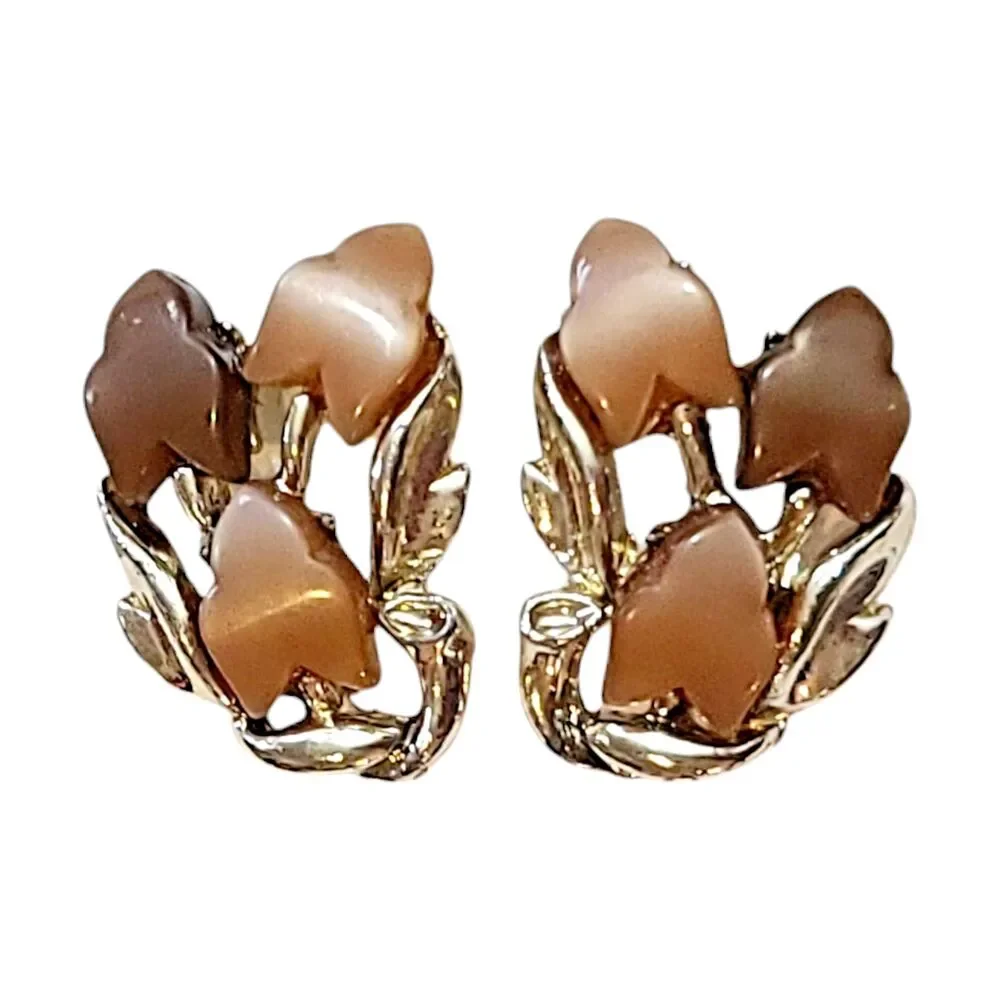 Vintage 80s Silver Tone Moon Glow Leaf Autumn Fall Clip On Earrings